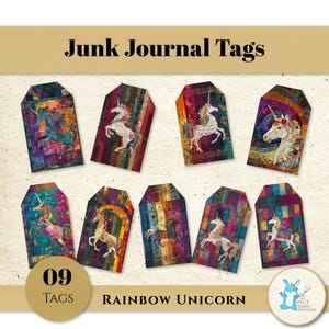 May include: Nine colorful junk journal tags featuring unicorn designs. Each tag has a unique background with a rainbow theme. The tags are labeled "Junk Journal Tags" and "Rainbow Unicorn".