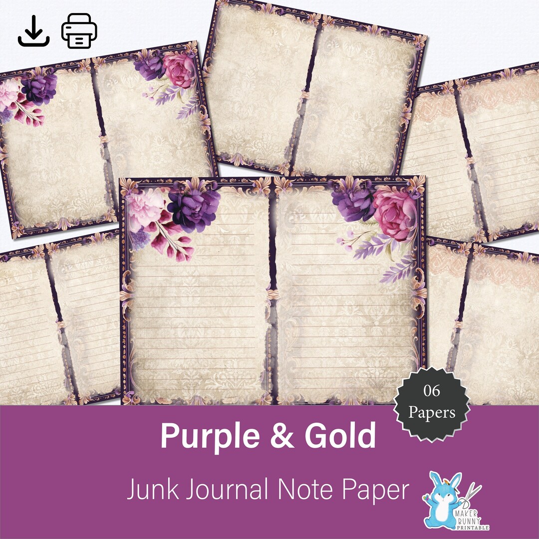 Journal Note Paper Printable Note Paper - Junk Journal Lined + Blank, Purple + Magenta Flowers ...
