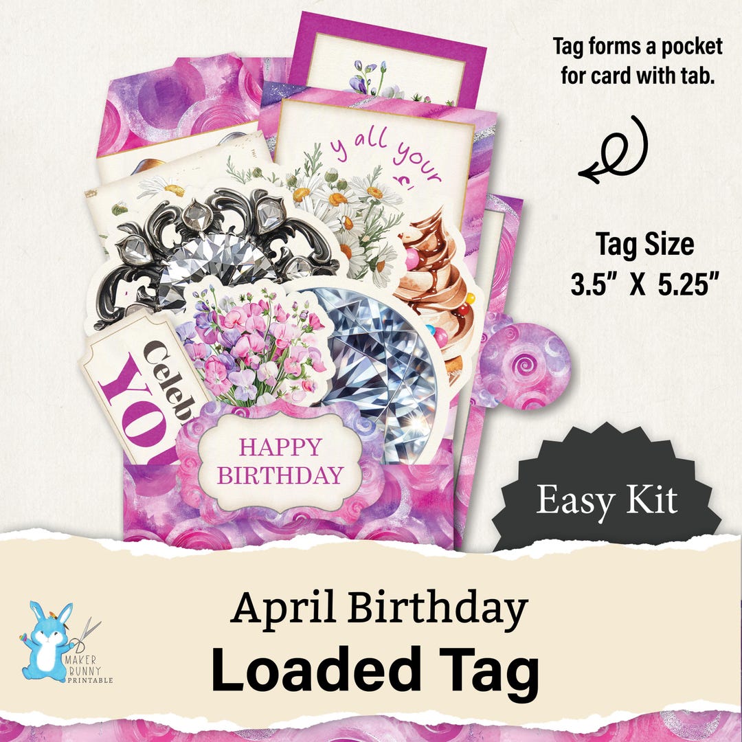 Long April Tag Loaded Tag, Pocket Tag, April Birthday, Birthstone + Flowers, Paper ...