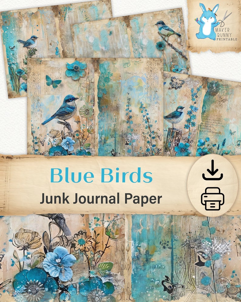 Blue Birds Mixed Media, Junk Journal Pages, Teal Printable Papers ...