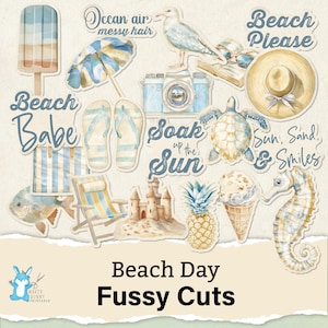 May include: A collection of beach-themed fussy cuts with watercolor illustrations. Includes a popsicle, umbrella, flip-flops, camera, seagull, hat, turtle, ice cream cone, seahorse, and a pineapple. Text includes "Beach Babe", "Soak up the Sun", and "Beach Day Fussy Cuts".