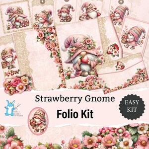 Junk Journal Folio Strawberry Gnome, Kit Easy Folio Junk Journal, Ephemera, Stampabile, Shabby Chic, Fiori + Pizzo, Scrapbooking JJ0066