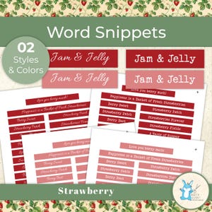 May include: Digital print with strawberry-themed word snippets for jam and jelly. The design features red and pink text boxes with phrases like "Berry Sweet" and "Strawberry Patch" on a background with strawberry illustrations.