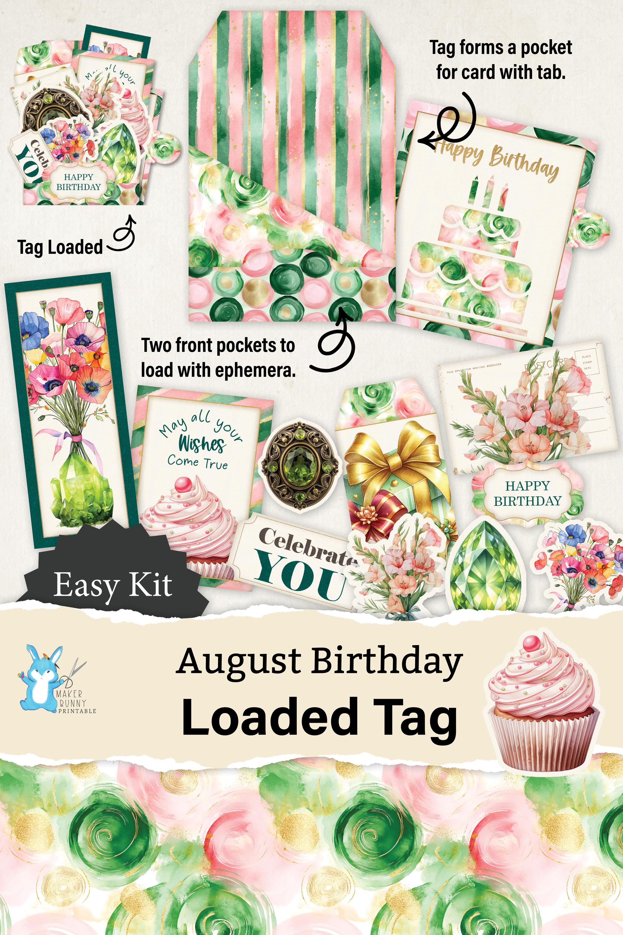Loaded Tag, Pocket Tag, August Birthday, Birthstone + Flowers, Paper ...