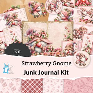 Kit de journal indésirable - Strawberry Gnome, pages + éphémères + pochettes + papier, shabby chic + dentelle, imprimable, scrapbooking, créations en papier, JJ0066
