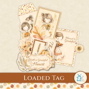 Puede incluir: Una colección de etiquetas y adornos de papel con temática otoñal. Los diseños presentan ilustraciones de niñas, calabazas, girasoles y follaje de otoño. El texto incluye "Blessed & Grateful" y "With a Grateful Heart". La paleta de colores es cálida, con tonos de naranja, amarillo y marrón.