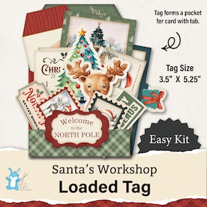 Loaded Tag, Pocket Tags, Santa&#39;s Workshop, Christmas, Paper Craft Printable, Easy Kit, Children, Junk Journal + Scrapbooking, Digital JJ0124