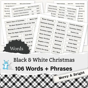 Puede incluir: Pegatinas de palabras y frases de Navidad imprimibles en blanco y negro. Las pegatinas presentan una variedad de palabras y frases con temática navideña, como "Feliz Navidad", "Bendiciones de invierno", "Bendiciones navideñas" y "La época más maravillosa del año".