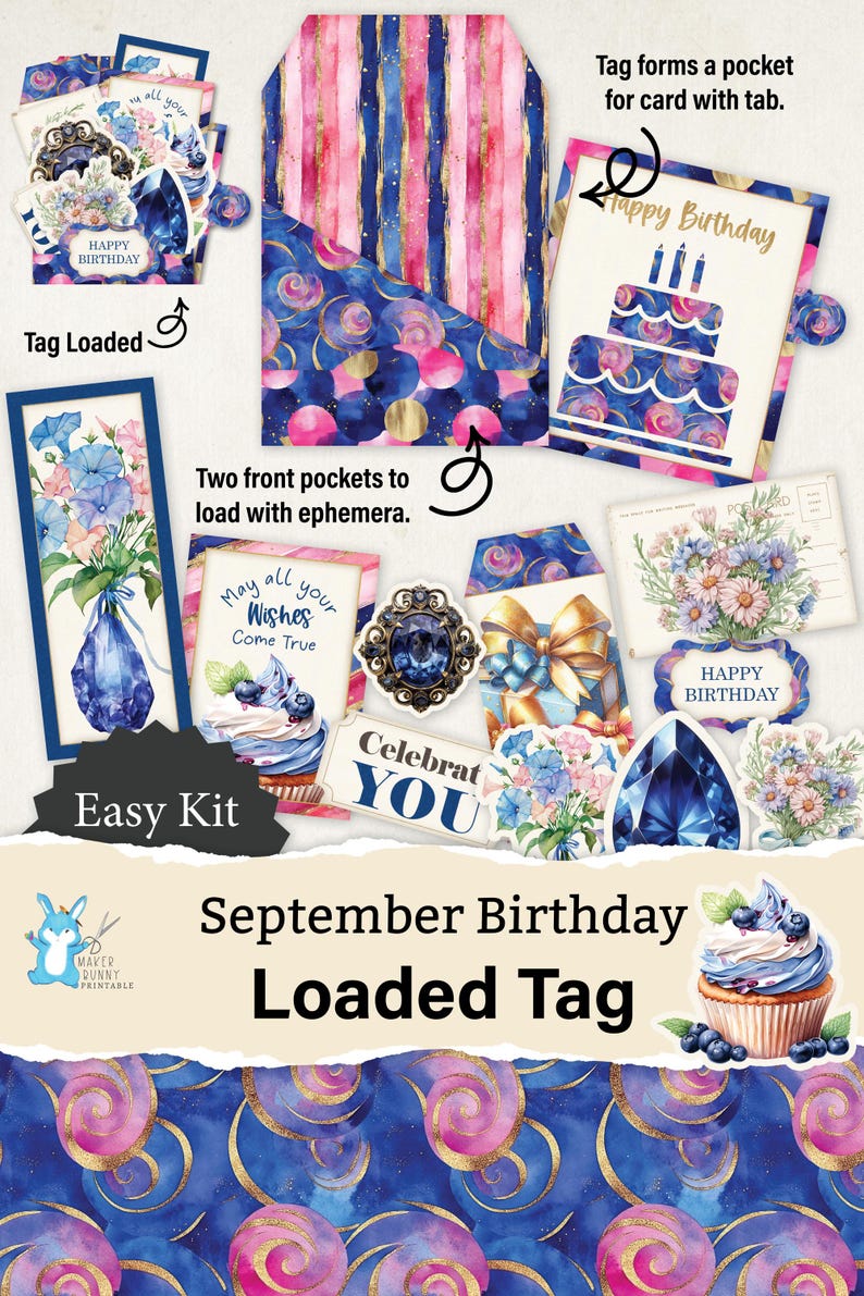 September R Tag Label Loaded Tag, Pocket Tag, September Birthday, Birthstone + Flower, Paper ...
