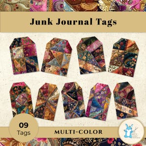 May include: Nine multi-color junk journal tags with a patchwork design. The tags feature a variety of fabrics in shades of pink, blue, gold, and green. The tags are arranged in a grid pattern. The text "Junk Journal Tags" and "Multi-Color" are displayed.