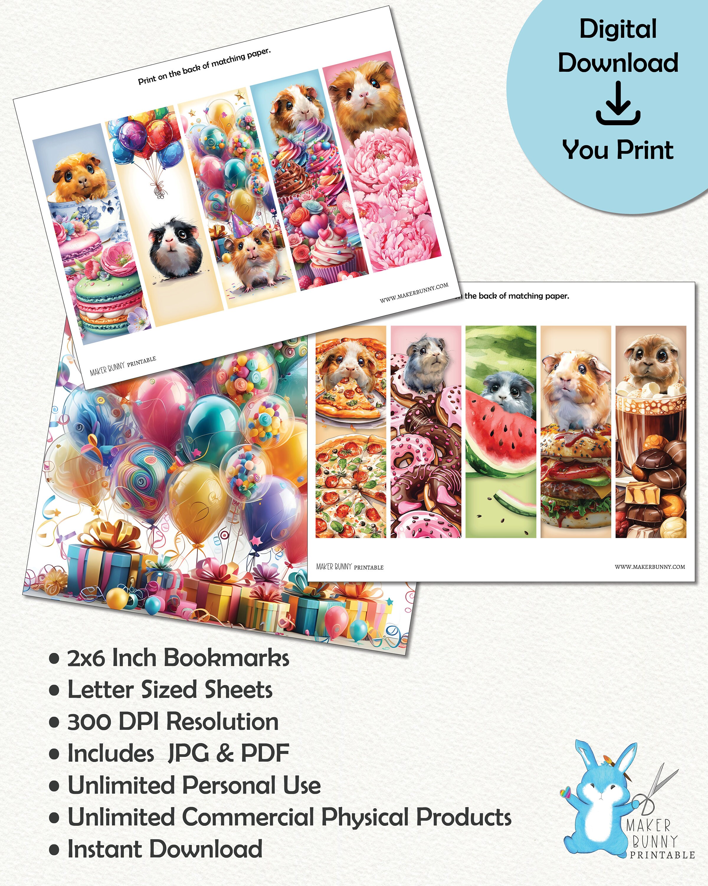 Party Pigs Bookmark, Printable, Digital Download, JPG, PDF, Guinea Pig ...