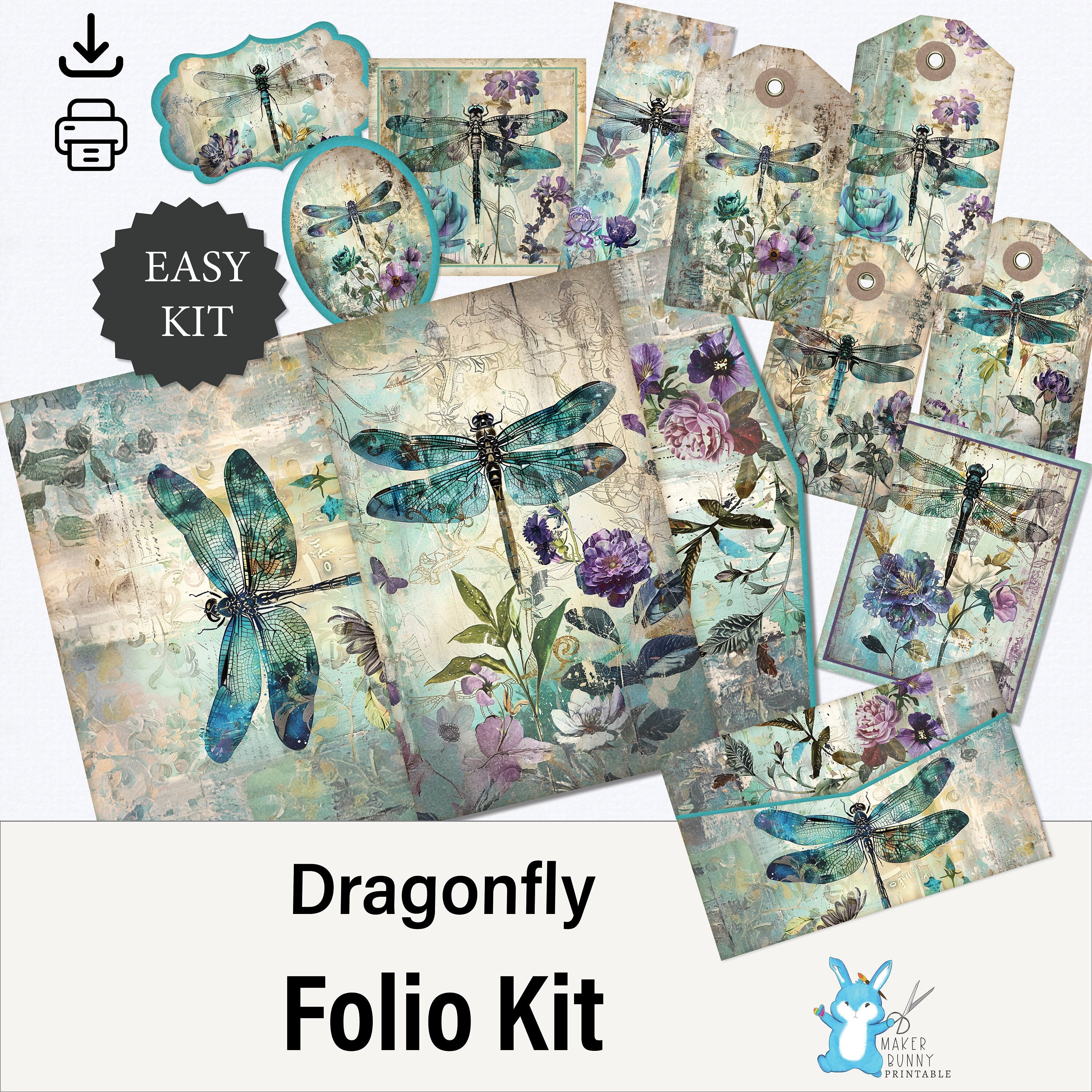 Junk Journal Folio Dragonfly Teal + Purple, Junk Journal Kit, Ephemera ...