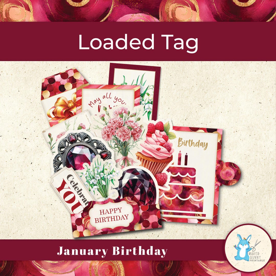 Loaded Tag, Pocket Tag, January Birthday, Birthstone + Flowers, Paper ...