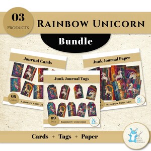Peut inclure: Un ensemble de fournitures de journal intime sur le thème de la licorne arc-en-ciel. L'ensemble comprend des cartes de journal, des étiquettes et du papier. Chaque article présente des illustrations de licornes colorées et le texte "Rainbow Unicorn".