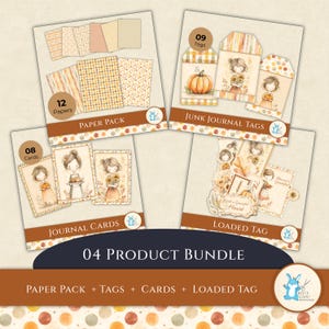 May include: A product bundle featuring paper packs, tags, cards, and a loaded tag. The paper pack includes 12 papers with various patterns. The junk journal tags include a pumpkin illustration. The journal cards feature illustrations of girls. The loaded tag has a floral design.