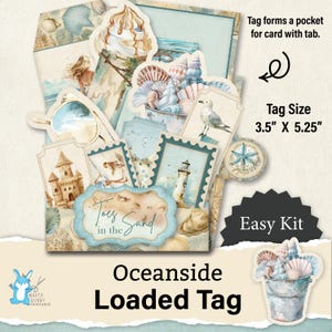Etiqueta carregada, etiqueta de bolso, à beira-mar, conchas de praia e estrelas do mar, artesanato em papel para impressão, kit fácil, diário de sucata + álbum de recortes, digital, JJ0063