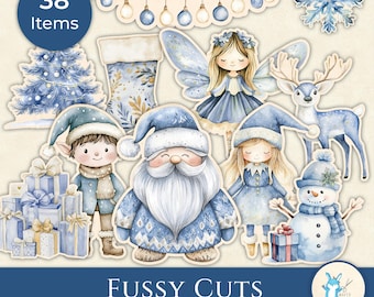 Découpes difficiles de Noël bleu, téléchargement numérique imprimable pour le scrapbooking, éphémères, fabrication de cartes, journaux indésirables JJ0148