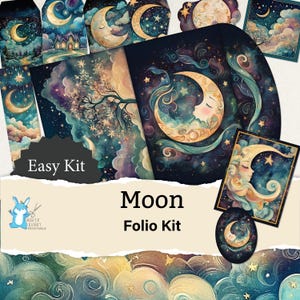 Könnte beinhalten: Ein digitaler druckbarer Folio-Kit mit Mond-Motiv. Das Kit enthält Bilder eines zunehmenden Mondes mit einem schlafenden Gesicht, Sternen und Wolken in Blautönen, Lila und Gold. Der Text "Easy Kit" und "Moon Folio Kit" ist im Bild enthalten.