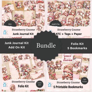 Lot - Strawberry Gnome Junk Journal, pages + éphémères + pochettes + papier + folio + signets, shabby chic + dentelle, imprimable, JJ0066