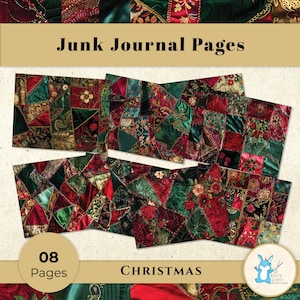 May include: A collection of eight Christmas-themed junk journal pages. The pages feature a patchwork design with red, green, and gold fabrics. The text "Junk Journal Pages" and "Christmas" are displayed.