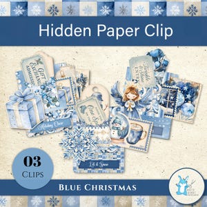 Op de afbeelding: Een verzameling blauw-witte kerst-thema paperclips. De afbeelding toont geschenkdozen, labels, sneeuwvlokken en een engel. Tekst omvat "Hidden Paper Clip", "Blue Christmas" en "03 Clips."