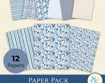 Blue Christmas Digital Paper Pack • 12 Printable Winter Papers • Junk Journal - JJ0148