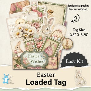 Laddad etikett, ficketikett, påsk, vår, kanin + blommor + ägg, utskrivbar papperspyssel, enkelt kit, skräpjournal + klippbok, digital, JJ0136