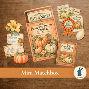 May include: A Pumpkin Patch Ledger mini matchbox set featuring orange and green pumpkin illustrations, seed packets labeled Cream Pumpkin, Sage Pumpkin, and Heirloom Pumpkin, a Best Pumpkin ribbon, a pumpkin pie recipe card, and a postcard.