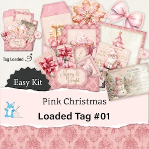 May include: Pink Christmas themed printable paper craft kit with a tag that says "Merry & Bright" and a snowman illustration. The kit includes a variety of images and papers for crafting.