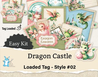 May include: A printable digital paper pack for scrapbooking and crafting featuring a whimsical dragon castle theme. The pack includes images of dragons, castles, rainbows, and other magical elements. The text "Dragon Dreams" and "Easy Kit" are included in the design.