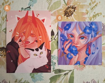 Power Print, demon, cat, Frieren, elf, flowers, anime print fanart