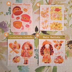 Feuille d'autocollants de souris macaroni, souris, macaron, bonbons et souris, feuilles d'autocollants de gland et de châtaigne, automnal, feuille d'autocollants de fleurs