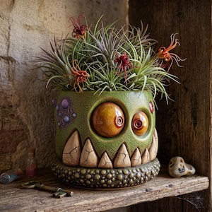 Puede incluir: Una maceta de cerámica verde caprichosa con forma de cara de monstruo, con ojos grandes y naranjas y dientes irregulares. Contiene plantas aéreas con hojas verdes y moradas y flores rojas. La maceta está sobre una estantería de madera.