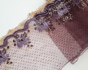 2m mirrored set embroidered voile lace trim for bra making, purple/plum/yellow floral embroidery for sewing lingerie