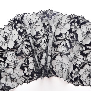 floral embroidered tulle lace trim for sewing lingerie, soft black lace for bra making image 1