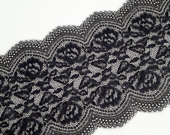 black elastic eyelash lace trim for bra making, stretch floral lace for sewing lingerie