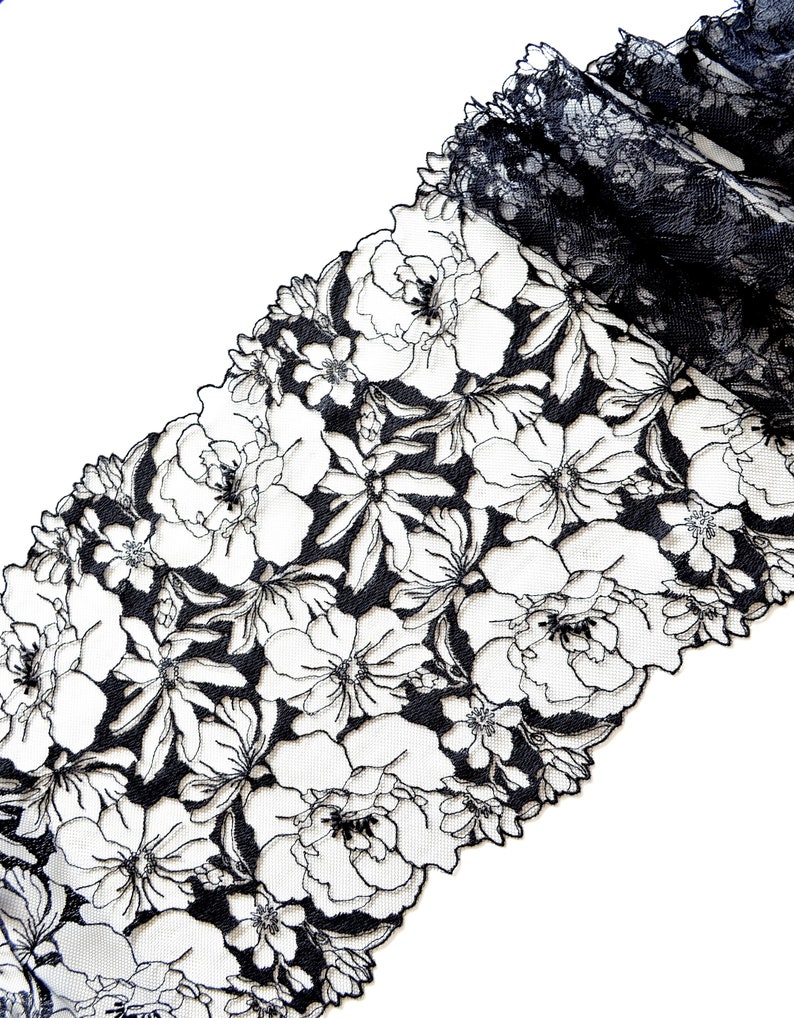 floral embroidered tulle lace trim for sewing lingerie, soft black lace for bra making image 2