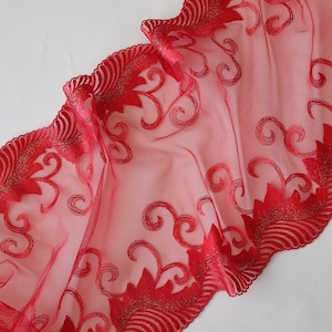 red embroidered tulle lace with lurex for bra making, lace trim for sewing lingerie