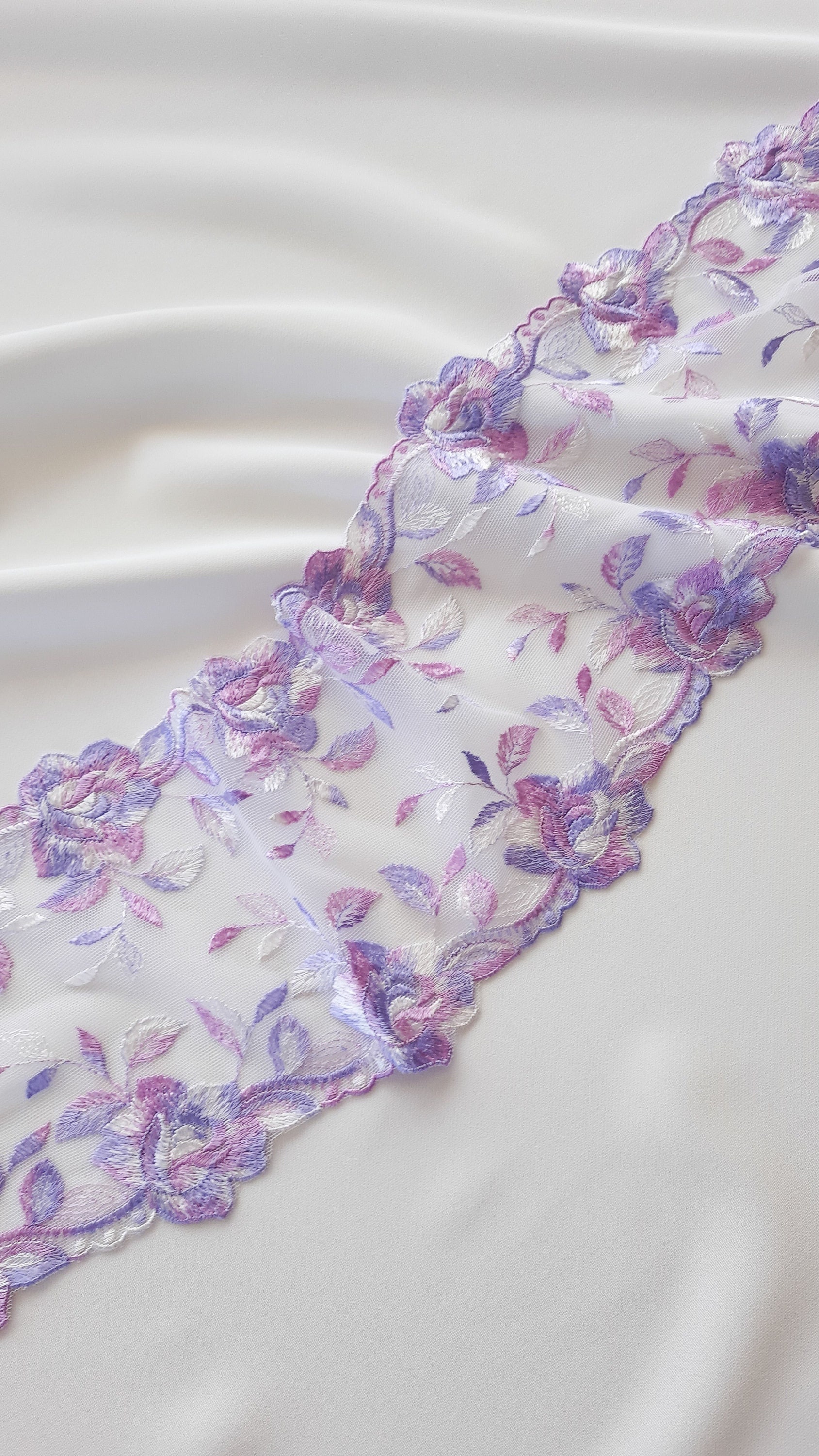 embroidered tulle lace trim for bra making, lilac/pink embroidery for sewing lingerie