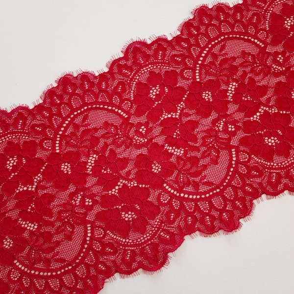 finiture in pizzo elasticizzato con ciglia rosse per cucire lingerie, pizzo smerlato elastico per realizzare reggiseni