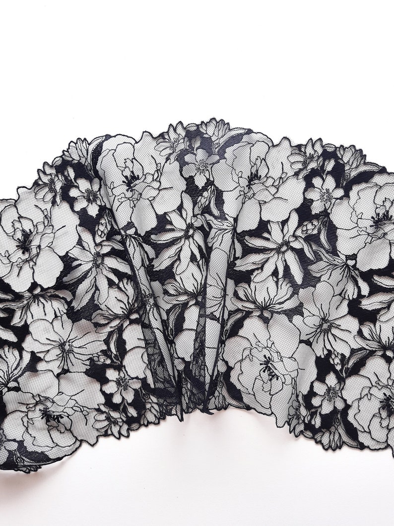 floral embroidered tulle lace trim for sewing lingerie, soft black lace for bra making image 1