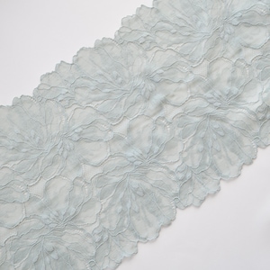 May include: Light blue lace trim with a floral design. The lace is delicate and has a scalloped edge.