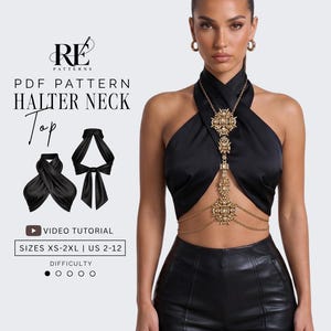 Patrón de costura en PDF para top con cuello halter cruzado. Tallas XS-L / EE. UU. 2-8.