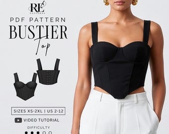 May include: A black bustier top with wide straps and a sweetheart neckline, shown as a PDF pattern. The text reads RE PATTERNS PDF PATTERN BUSTIER Top, SIZES XS-2XL | US 2-12, VIDEO TUTORIAL, and DIFFICULTY with three filled circles out of five.