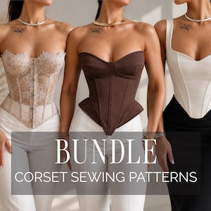 May include: Three corset tops displayed in a bundle. The left is a beige lace corset with a front button closure. The centre is a dark brown structured corset. The right is a white corset with a sweetheart neckline. Text reads BUNDLE CORSET SEWING PATTERNS.