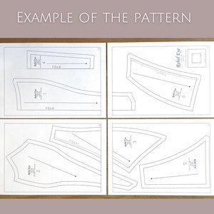 Op de afbeelding: Een houten lijst met patroondelen. De patroondelen zijn gedrukt op wit papier met zwarte contouren en tekst. De tekst "EXAMPLE OF THE PATTERN" staat bovenaan. De patroondelen zijn genummerd en de tekst "Rebel Eye".
