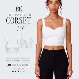 Cartamodello PDF per top a corsetto con scollo a cuore, taglie dalla XS alla 2XL / US 2-12