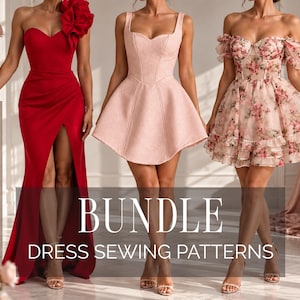 May include: Three dresses displayed as sewing patterns: a floor-length red one-shoulder gown with a side slit, a short pale pink structured dress with a sweetheart neckline, and a short floral print dress with off-shoulder puff sleeves.