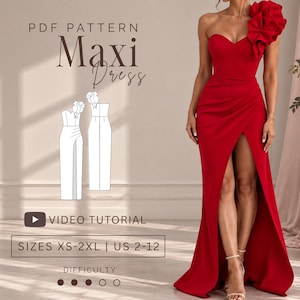 May include: A red maxi dress featuring a one-shoulder neckline with a large fabric flower detail, a fitted bodice, and a high front slit. The image includes text reading PDF PATTERN Maxi Dress, VIDEO TUTORIAL, SIZES XS-2XL | US 2-12, and DIFFICULTY.