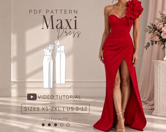 One Shoulder Corset Sweetheart Ruffle Dress Pdf Sewing Pattern Sizes XS-2XL | US 2-12